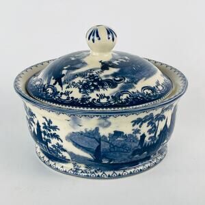 Victoria Reproduction Ironstone Round Covered Butter Blue White Transferware